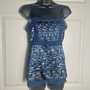 Vintage Fossil Tank Women Small Blue Flower‎ Lace Trimmed Y2K  Satin Cami Top